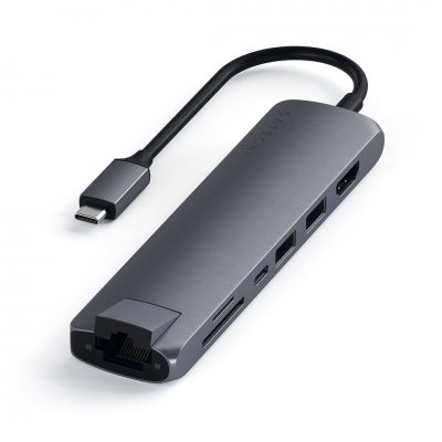 Satechi Slim USB-C MultiPort m. Ethernet - HDMI, USB 3.0 portar samt kortläsare - Space Grey