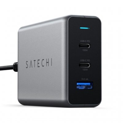 Satechi 100 W GaN Dual USB-C og USB-A PD reiselader - Space grey
